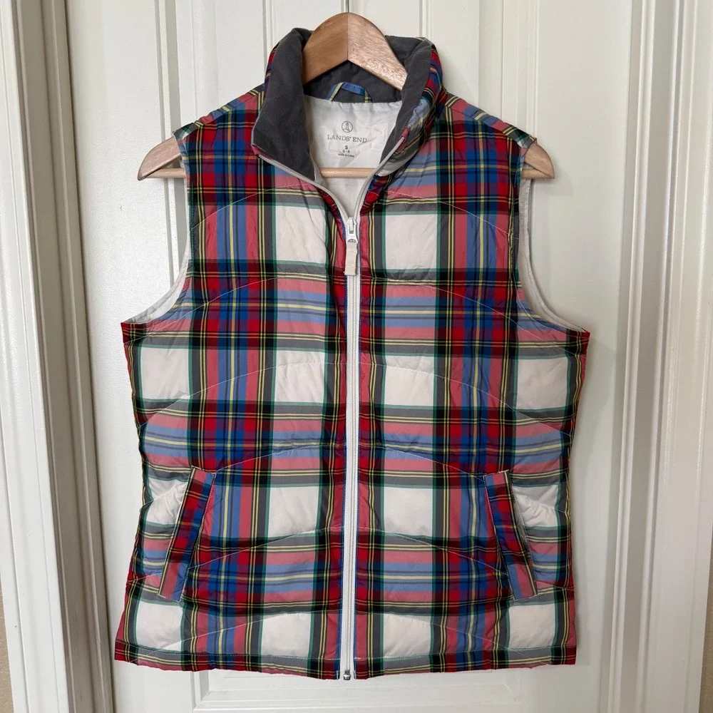 Lands End Womens Plaid Puffer‎ Vest Size Small Red Blue  Zip Front Sleeveless
